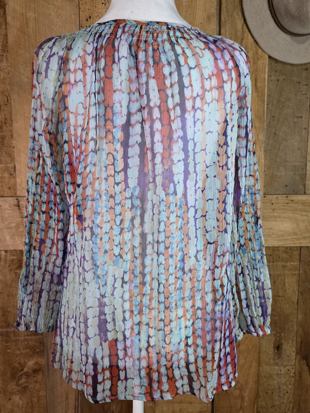 Sundance 100% Silk Watercolor Print Peasant Blouse L Boho Button Sheer - Picture 4 of 8